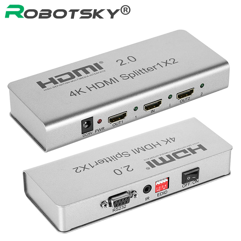RobotSky HDMI 2.0 Splitter 4K 1X2 2160P 1 IN 2 Out HDMI Splitter Switcher With EDID RS232 HDCP Support IR Extender For HDTV DVD - DirectM