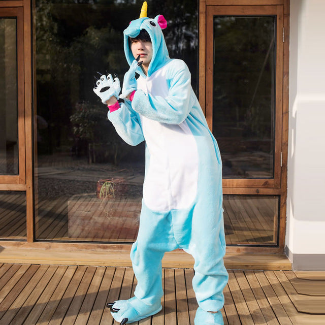 Adult winter unicorn flannel cartoon pajamas hooded animal - DirectM