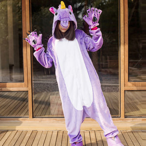 Adult winter unicorn flannel cartoon pajamas hooded animal - DirectM