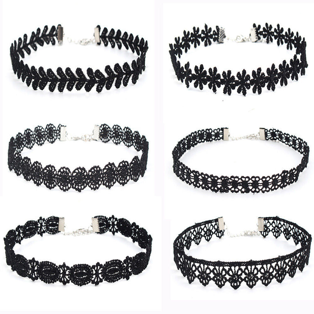 6 Pieces Choker Necklace Set Stretch Velvet Classic Gothic Tattoo Lace Choker - DirectM