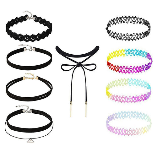 9 Pieces Choker Necklace Set Stretch Velvet Classic Gothic Tattoo Lace Choker - DirectM
