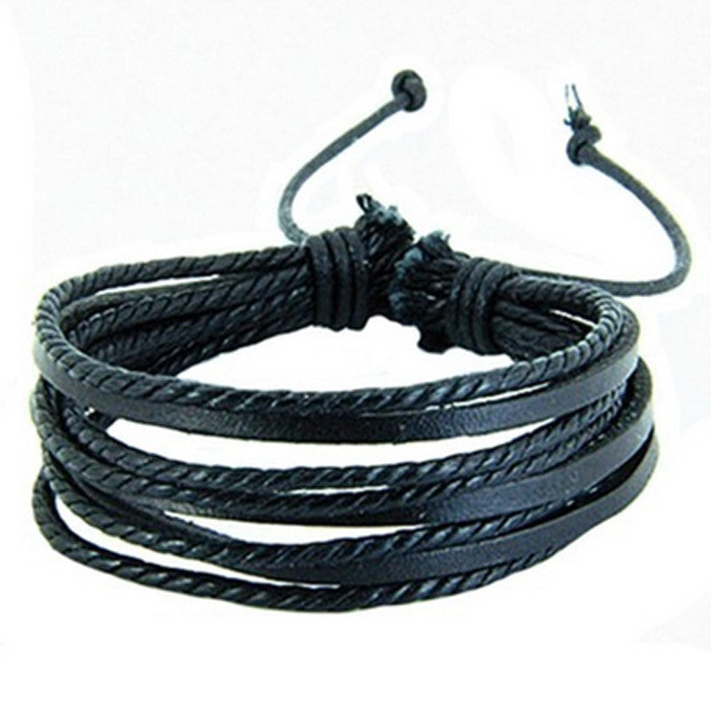 Multilayer Leather Chain Charms Bracelet Wrist  Black - DirectM