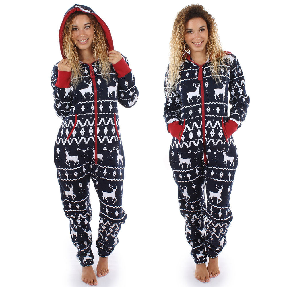 Women Long Sleeve Ladies 3D Christmas Elk Printed Jumpsuit Pyjamas Nightwear - DirectM