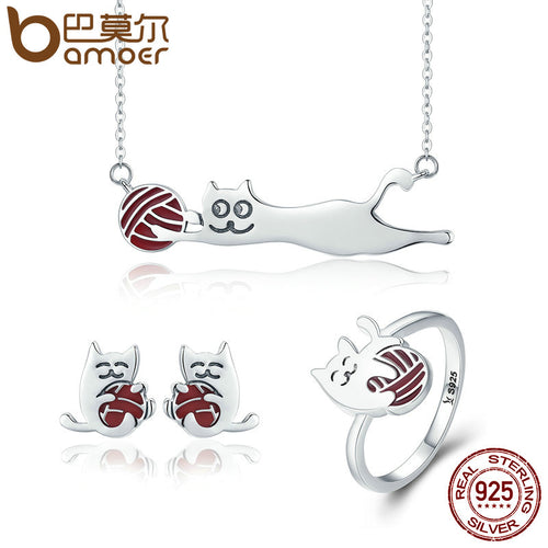BAMOER 100% 925 Sterling Silver Set Naughty Little Cat Necklace Earrings Ring Jewelry Sets Sterling Silver Jewelry Gift ZHS046 - DirectM