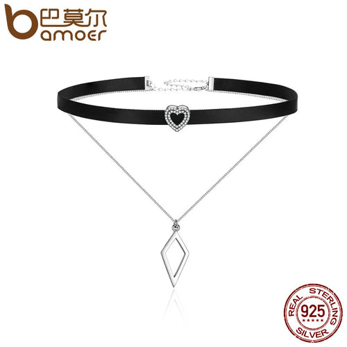 BAMOER Trendy 925 Sterling Silver Double Layer & Black Braid Heart Prism Square Chokers Pendant Necklaces Collar Jewelry SCN082 - DirectM