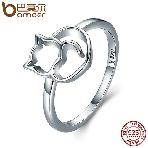 BAMOER Authentic 100% 925 Sterling Silver Naughty Little Cat & Heart Finger Ring for Women Sterling Silver Jewelry Gift SCR104 - DirectM