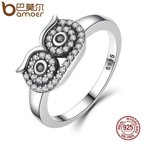 BAMOER Genuine 100% 925 Sterling Silver Clear CZ Cute Owl Stackable Finger Ring for Woman Wedding Engagement Jewelry SCR023 - DirectM