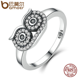 BAMOER Genuine 100% 925 Sterling Silver Clear CZ Cute Owl Stackable Finger Ring for Woman Wedding Engagement Jewelry SCR023 - DirectM