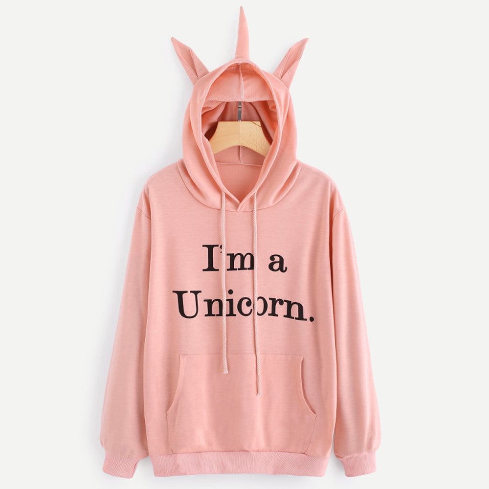 Womens Unicorn Print Long Sleeve Hoodie Sweatshirt Jumper Hooded Pullover Tops - DirectM