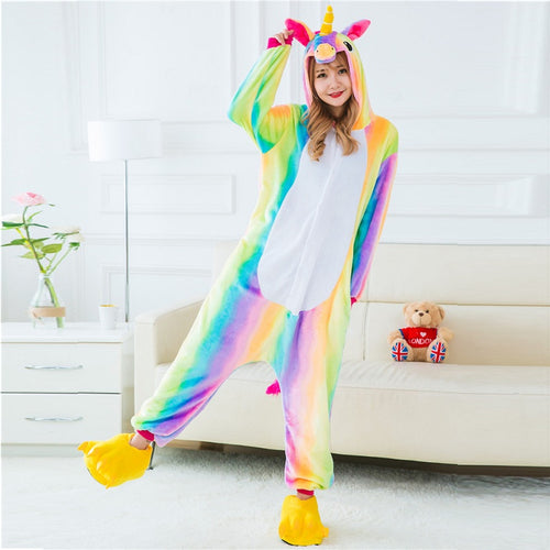 Adult Winter Rainbow Kigurumi Unicorn Pajamas Unisex Anime Hoodie Flannel Pyjama Cute Cartoon Unicornio Sleepwear Home Pijama - DirectM