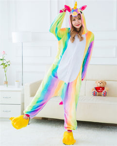 Adult Winter Rainbow Kigurumi Unicorn Pajamas Unisex Anime Hoodie Flannel Pyjama Cute Cartoon Unicornio Sleepwear Home Pijama - DirectM