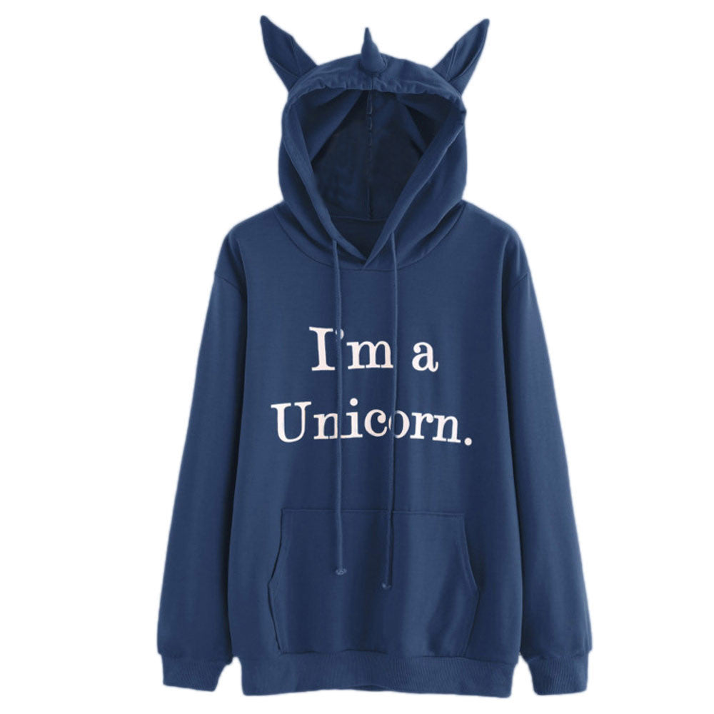Womens Unicorn Print Long Sleeve Hoodie Sweatshirt Jumper Hooded Pullover Tops - DirectM